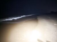 Устье реки Сал, вечер: тяжёлый комплект и луч света в прибой