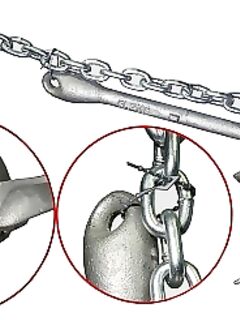 Крепление якоря на «мясорубке»: цепь из строймага, хомуты сверху, карабин снизу